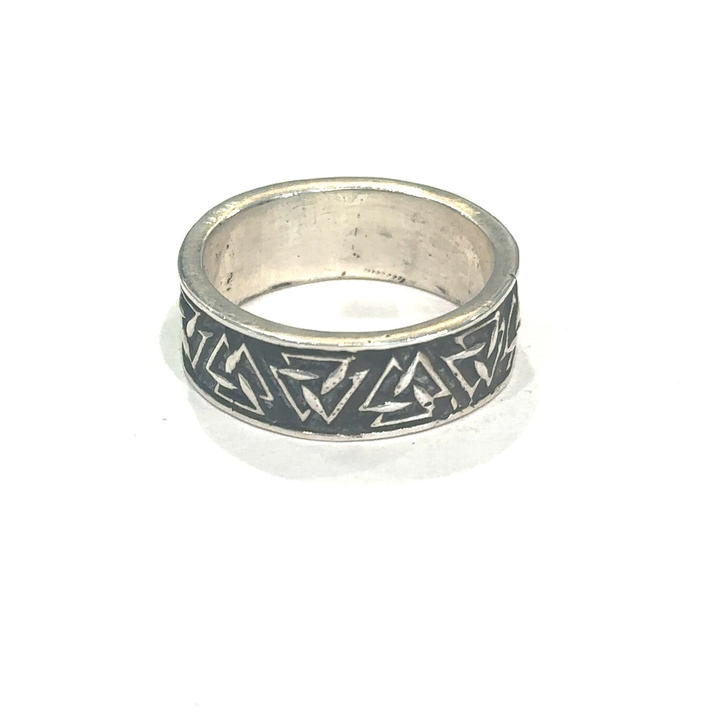 Men’s sterling silver geometric triangle sacred shape ring, size 12 on white front overview