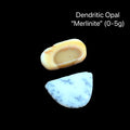 Merlinite Opal Gemstone slices on a black background, (0-5g), front view.