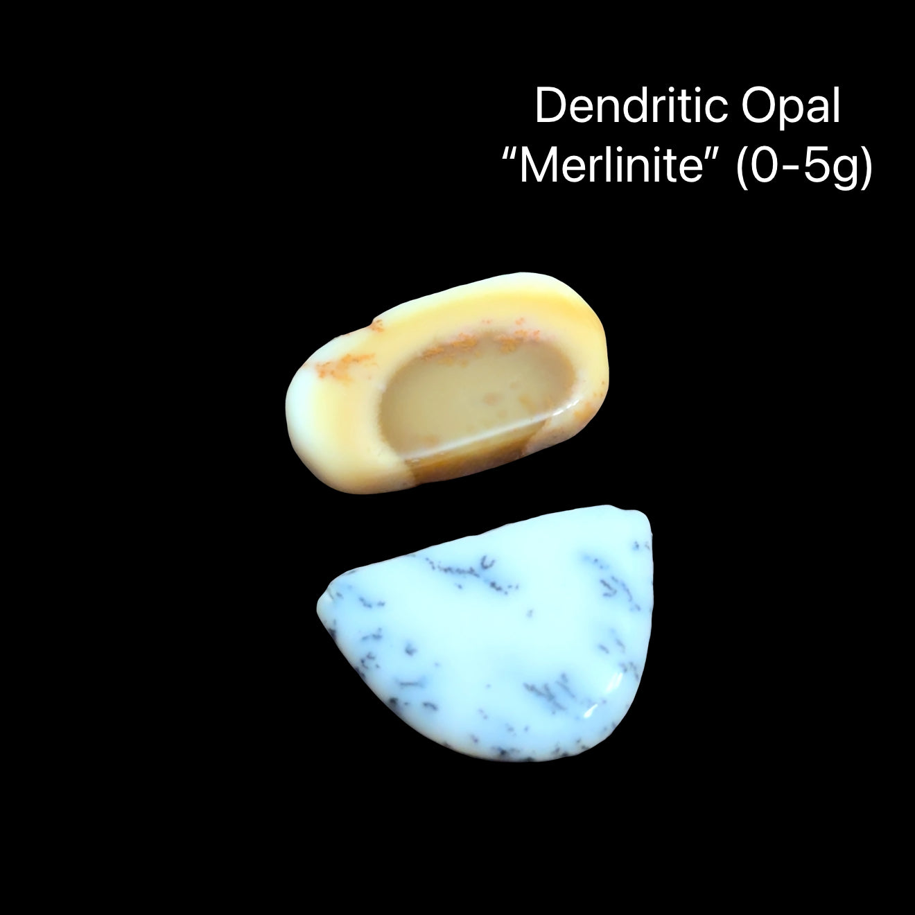 Merlinite Opal Gemstone slices on a black background, (0-5g), front view.