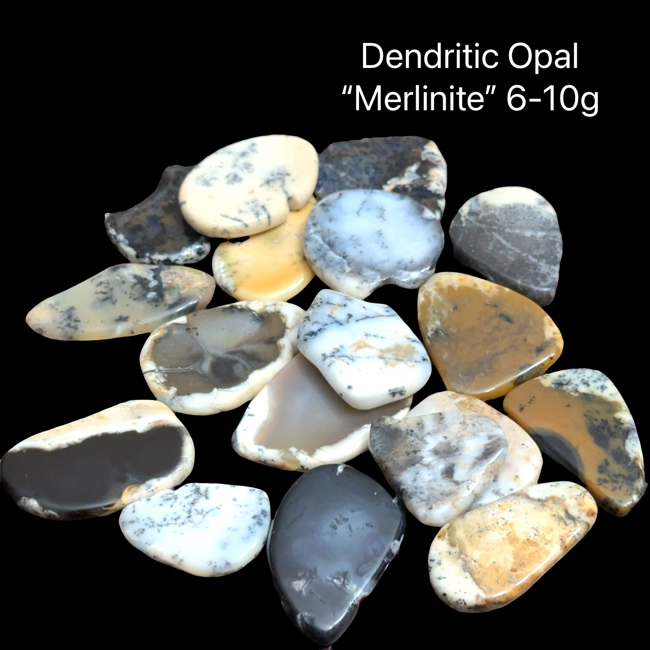 Merlinite Opal Gemstone slices on a black background, (6-10g), front view.