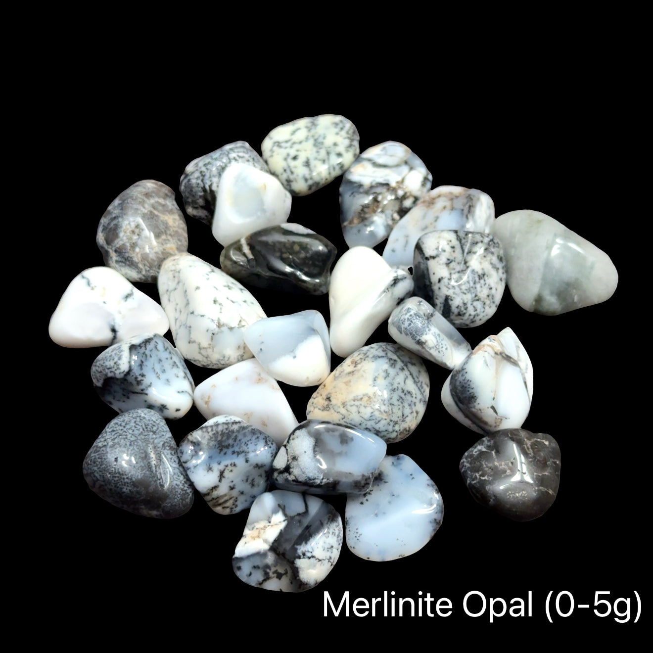 Merlinite Opal tumble Gemstone on a black background, (0-5g), front view.