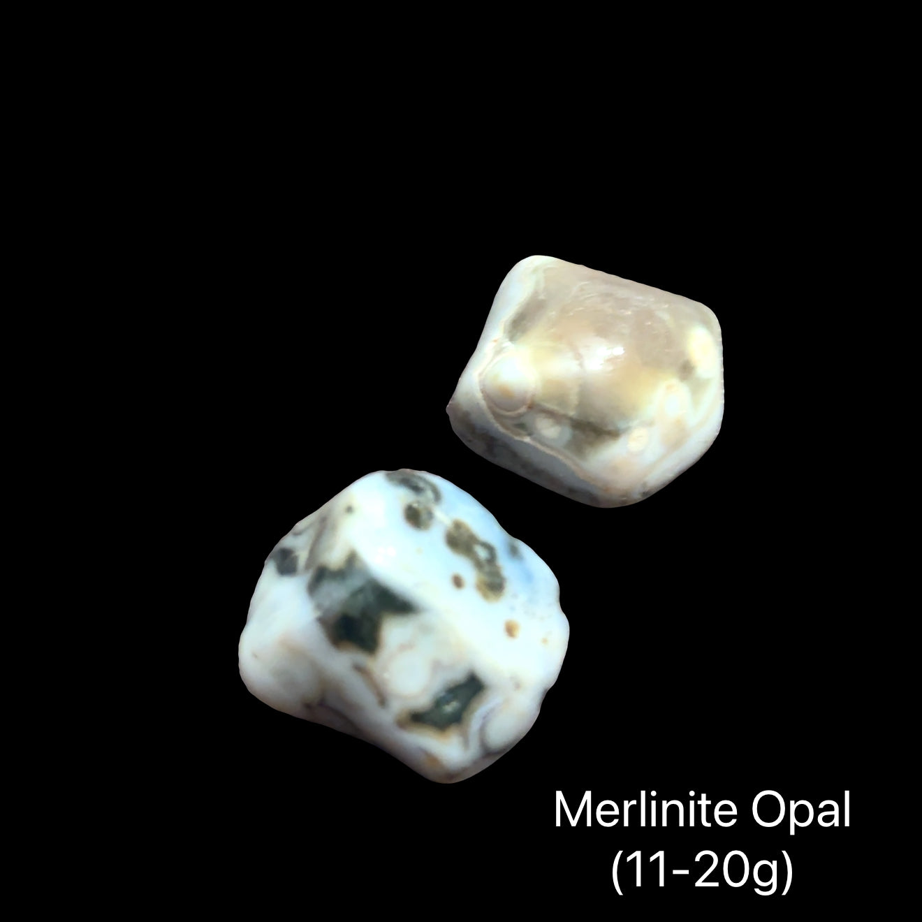 Merlinite Opal tumble Gemstone on a black background, (11-20g), front view.