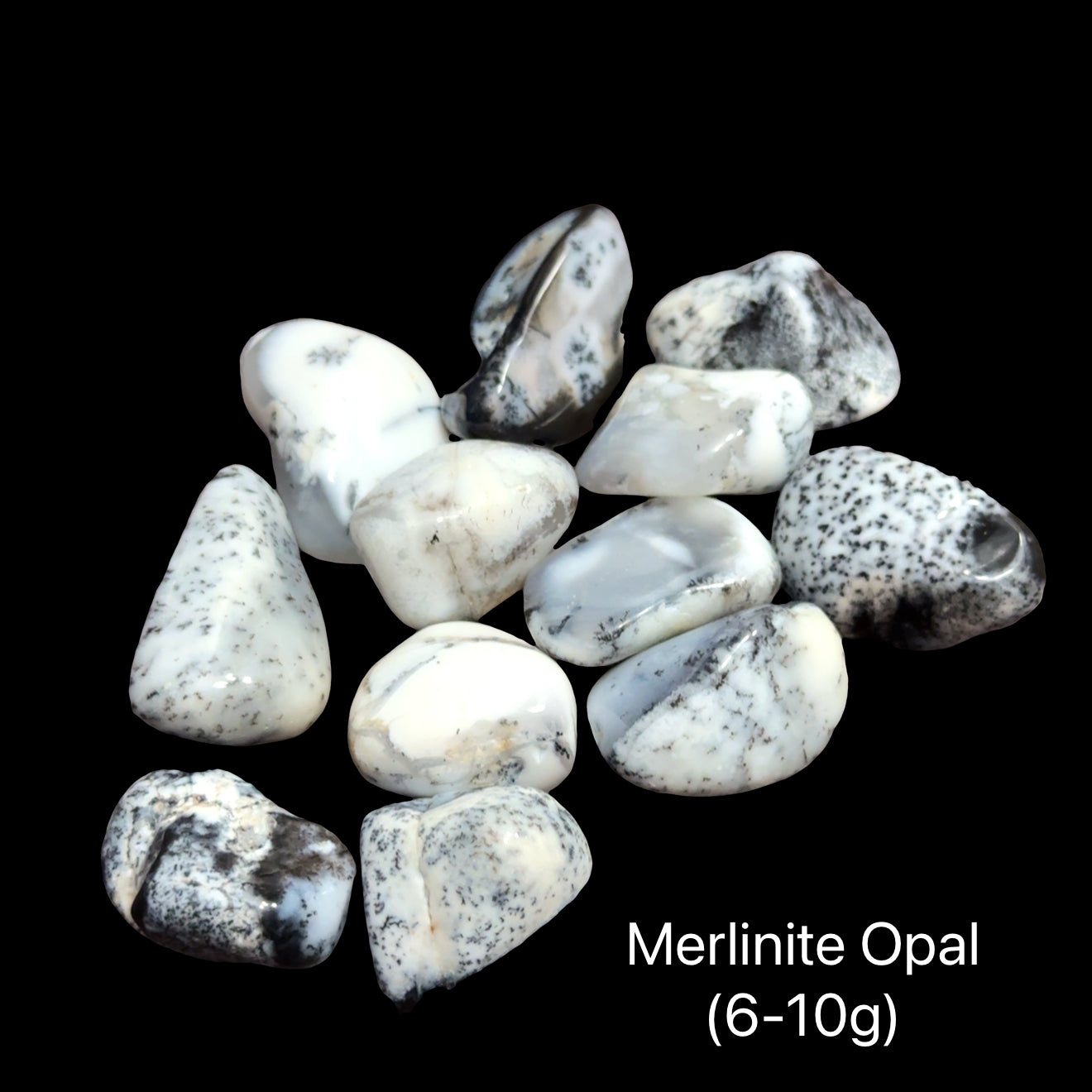 Merlinite Opal tumble Gemstone on a black background, (6-10g), front view.