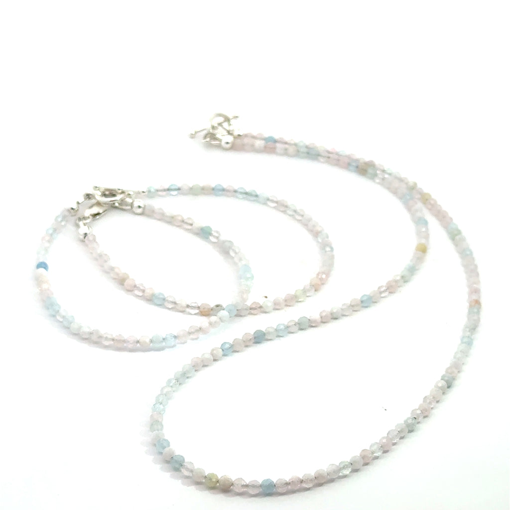 Morganite Gemstone Beaded Necklace with matching bracelets on white front and center view