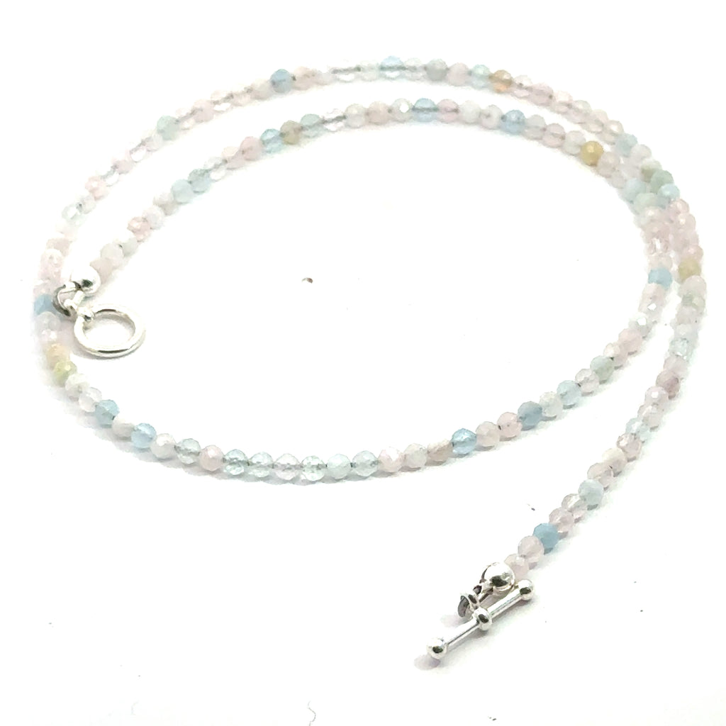 Morganite Gemstone Beaded necklace on white center view of spiral view