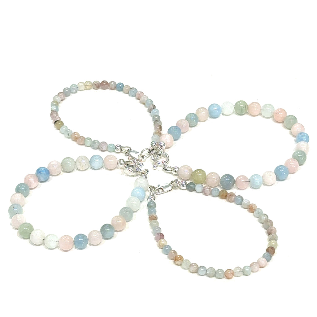 Morganite gemstone beaded bracelet for heart chakra healing and unconditional love grouping center overview