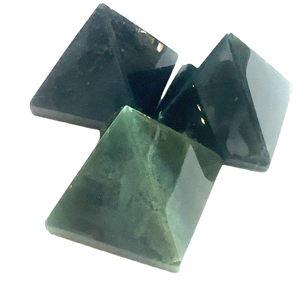 Moss Agate Gemstone Pyramid on white front overview