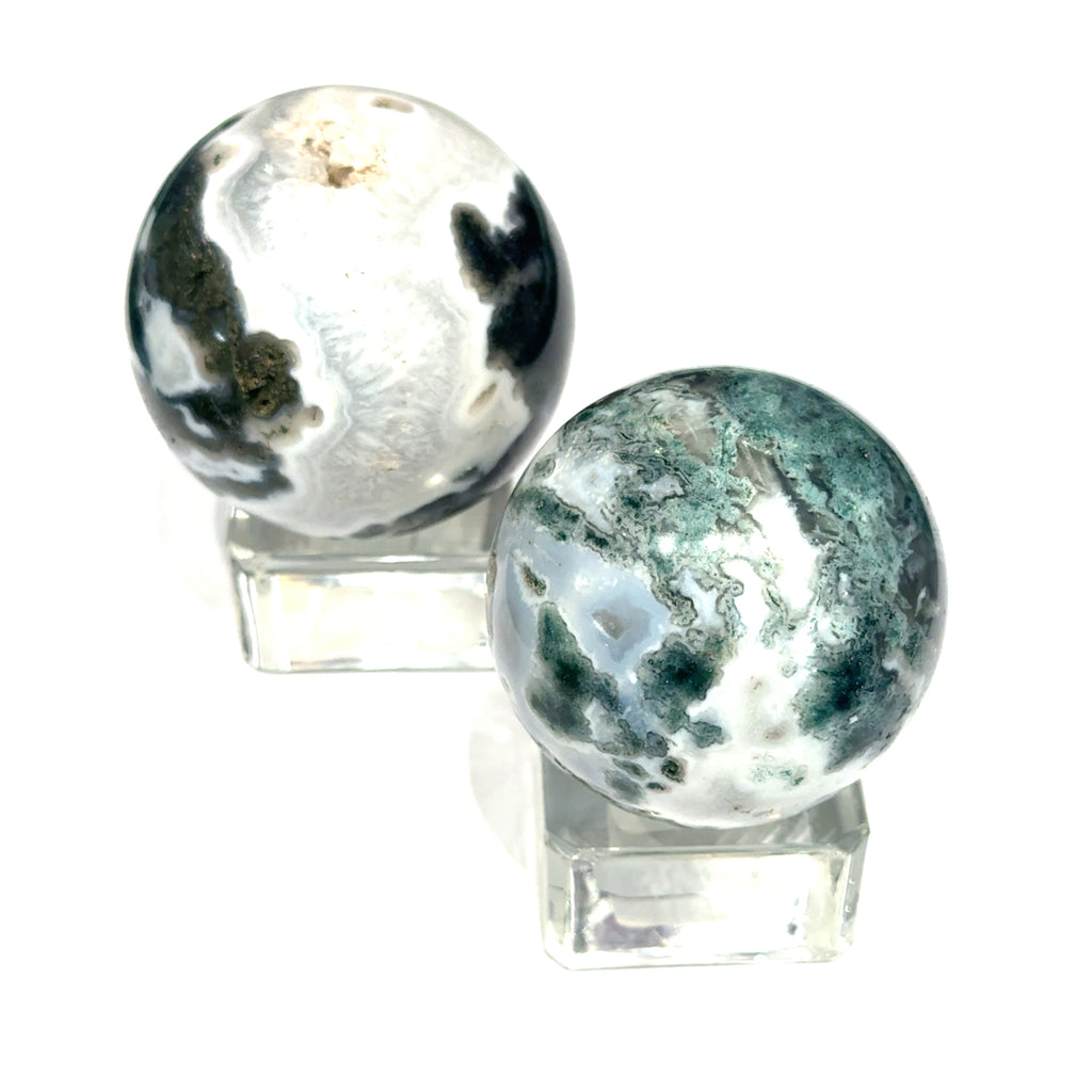 Moss Agate Gemstone Sphere grouping front view