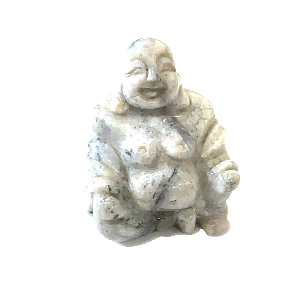 Moss Agate Happy Buddha Gemstone on white front view