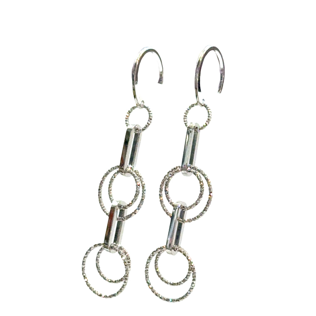 Multi-circle sterling silver dangle earrings with oval link showing sparkle and movement on a white background, front hanging overview.