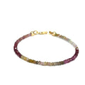 Multi-color brown sapphire gemstone bracelet with gold-filled  lobster claw on white background size 6.75'', front view.