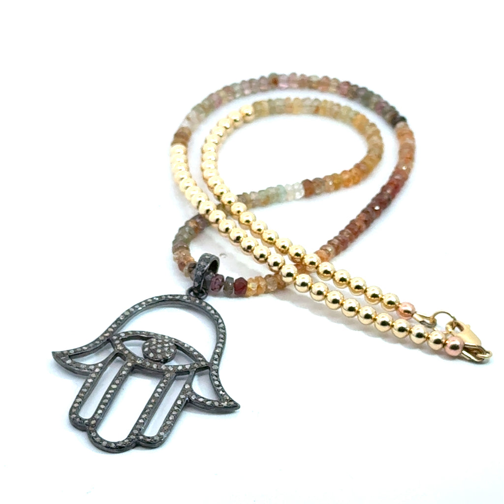 Multicolored Sapphire Gemstone Necklace on white back angle view