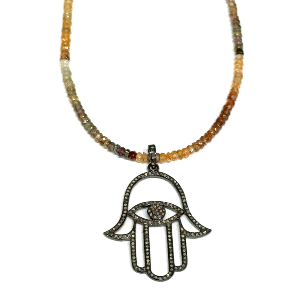 Multicolored Sapphire Gemstone Necklace on white over view pendant view