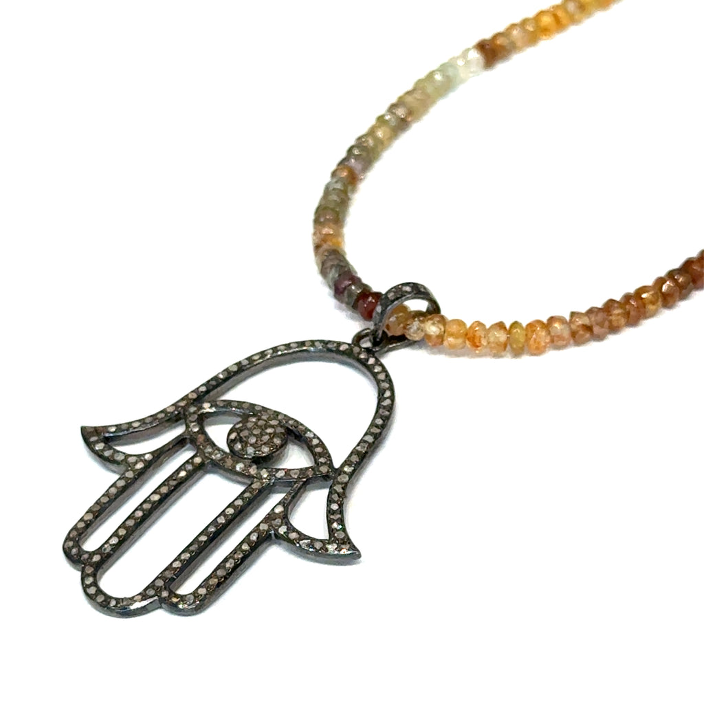 Multicolored Sapphire Gemstone Necklace on white up close  pendant view