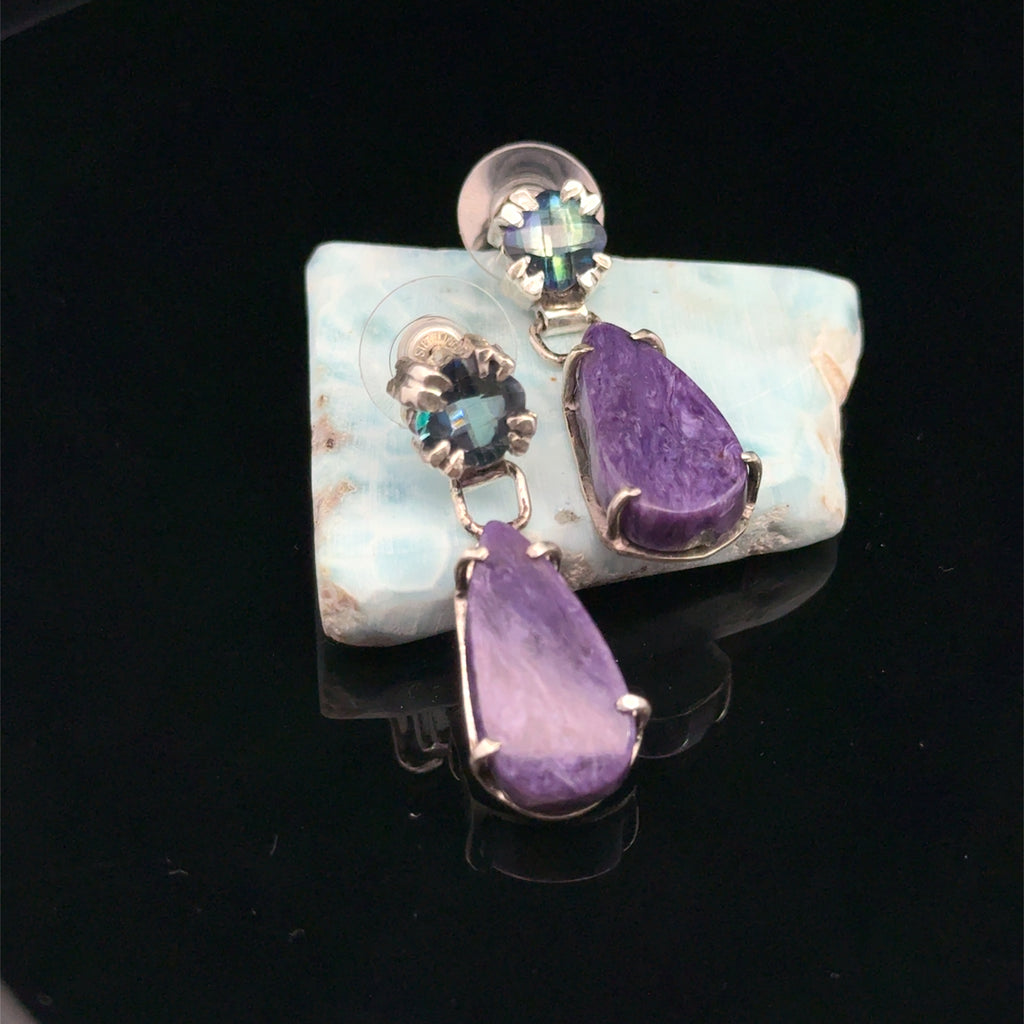Mystic Topaz & Charoite on Sterling Silver earrings on black and on gemstone front view