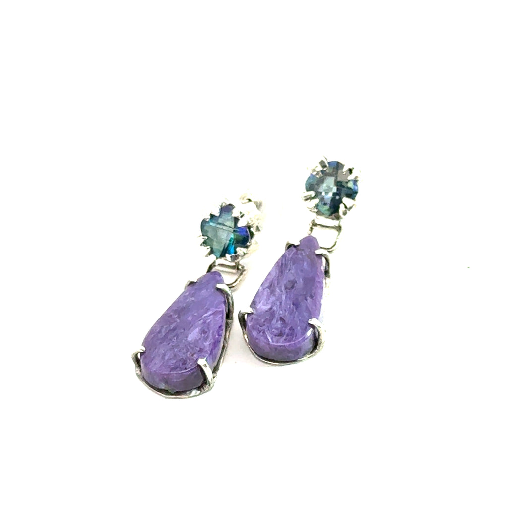Mystic Topaz & Charoite on Sterling Silver earrings on white above view