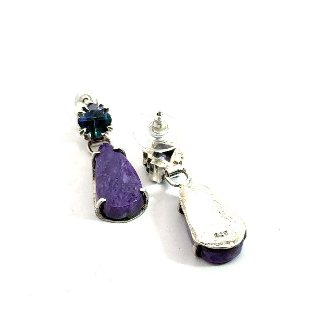 Mystic Topaz & Charoite on Sterling Silver earrings on white front view