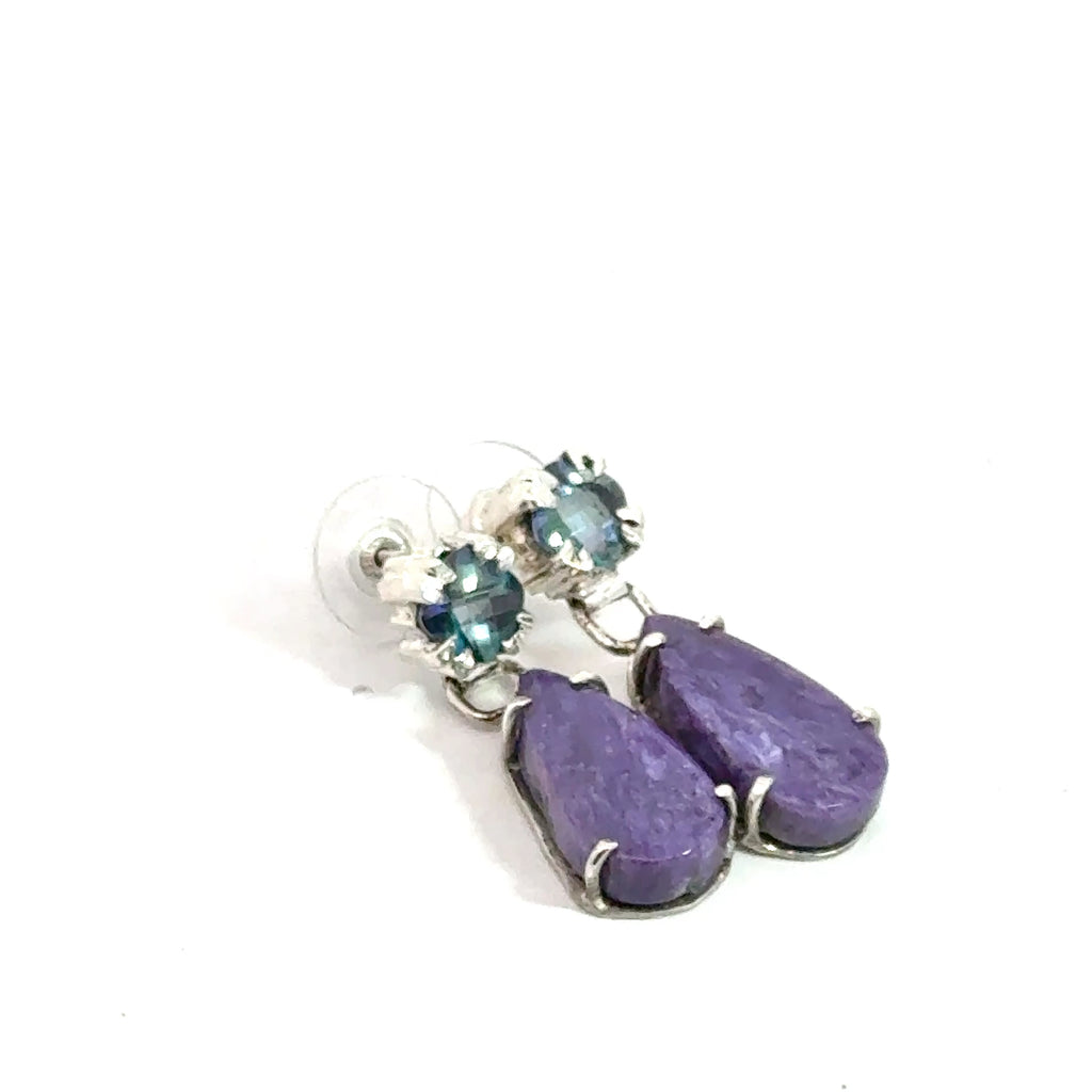 Mystic Topaz & Charoite on Sterling Silver earrings on white left angle view