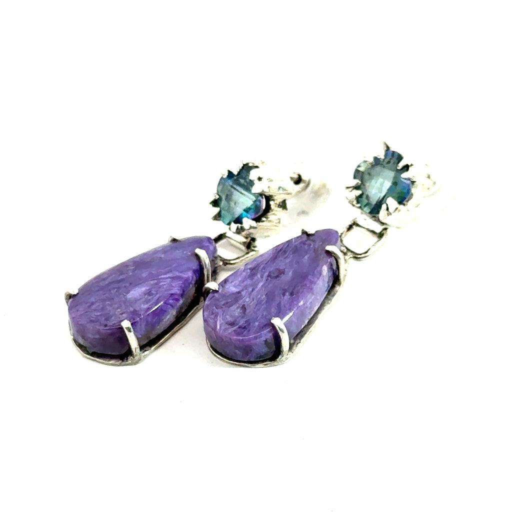 Mystic Topaz & Charoite on Sterling Silver earrings on white right angle view