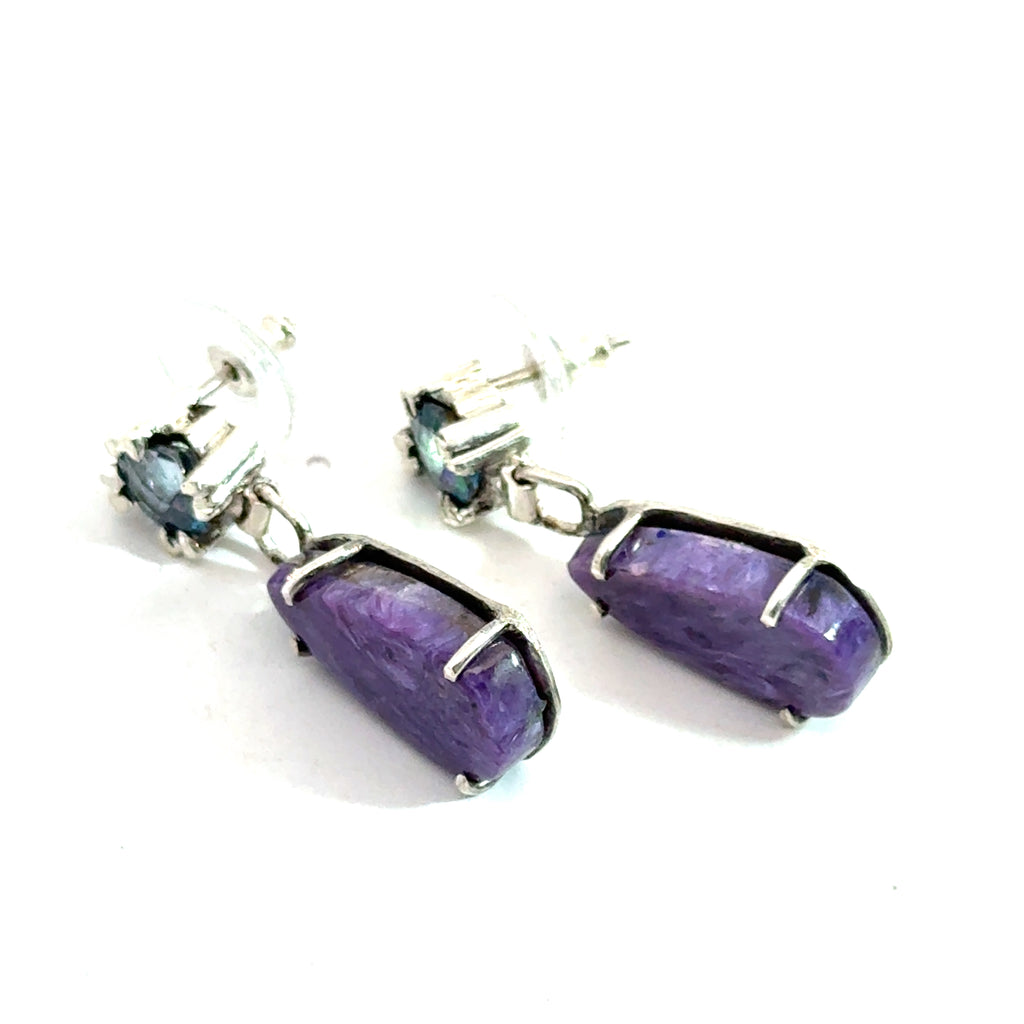 Mystic Topaz & Charoite on Sterling Silver earrings on white side view