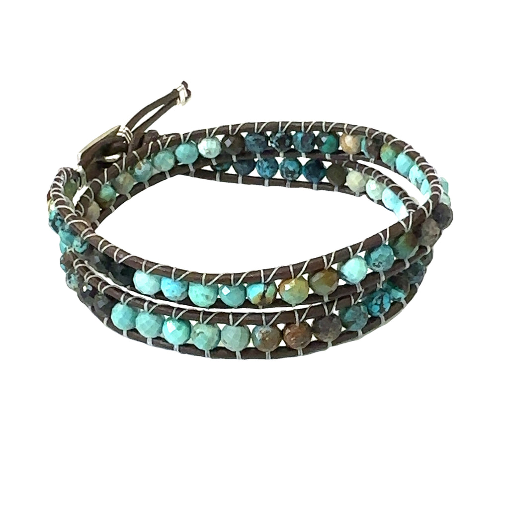 Natural Turquoise Double Leather Wrap Bracelet with 5mm faceted gemstones, adjustable 7''–8'' on white front  overview