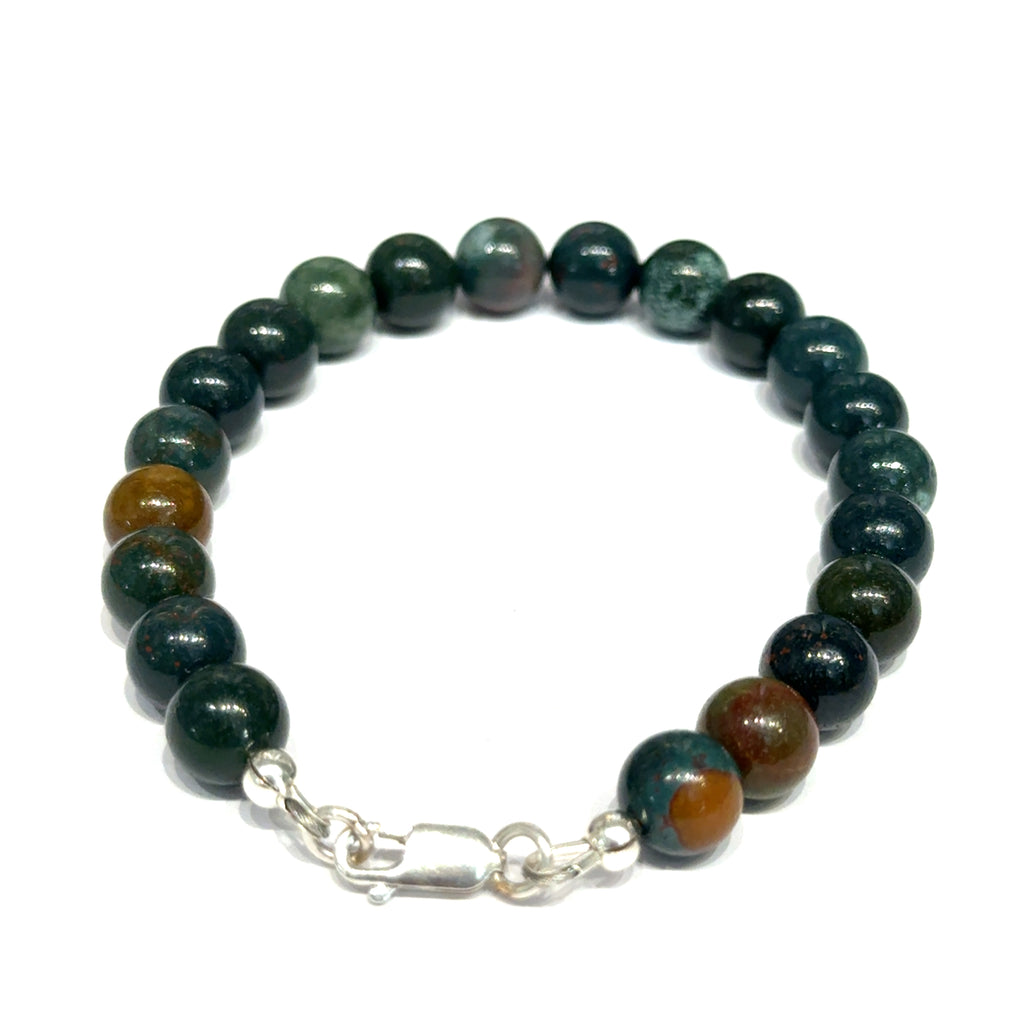 Natural bloodstone bracelet 8.5mm size 6.5'' beads with sterling silver clasp for root chakra healing and warrior strength on a white background, back overview. 