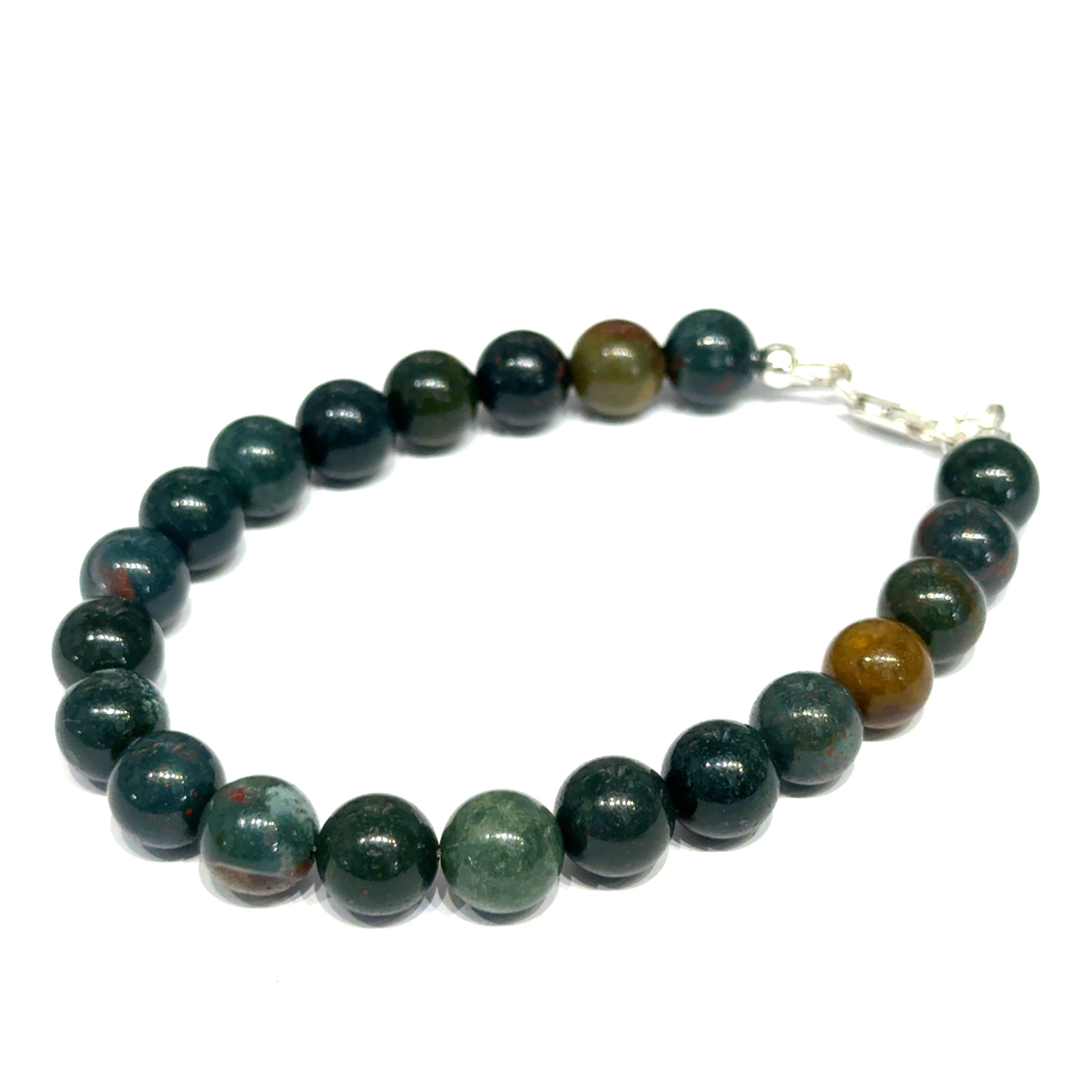 Natural bloodstone bracelet 8.5mm size 6.5'' beads with sterling silver clasp for root chakra healing and warrior strength on a white background, front left angle overview. 