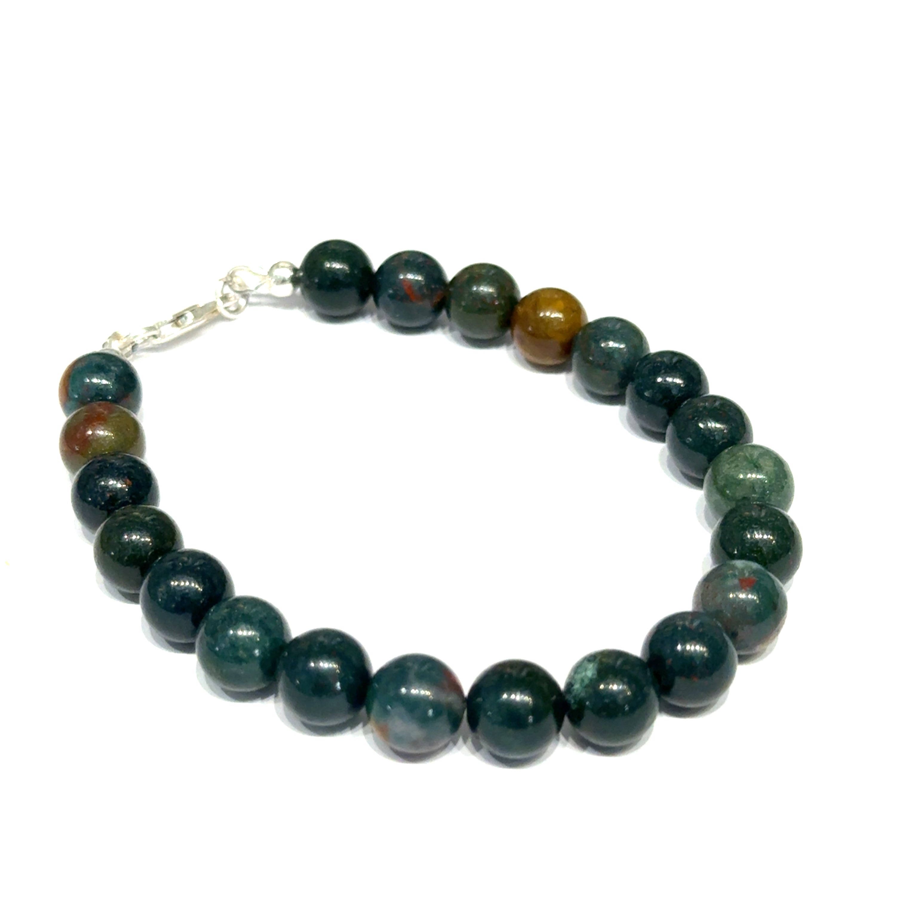 Natural bloodstone bracelet 8.5mm size 6.5'' beads with sterling silver clasp for root chakra healing and warrior strength on a white background, front right angle overview. 