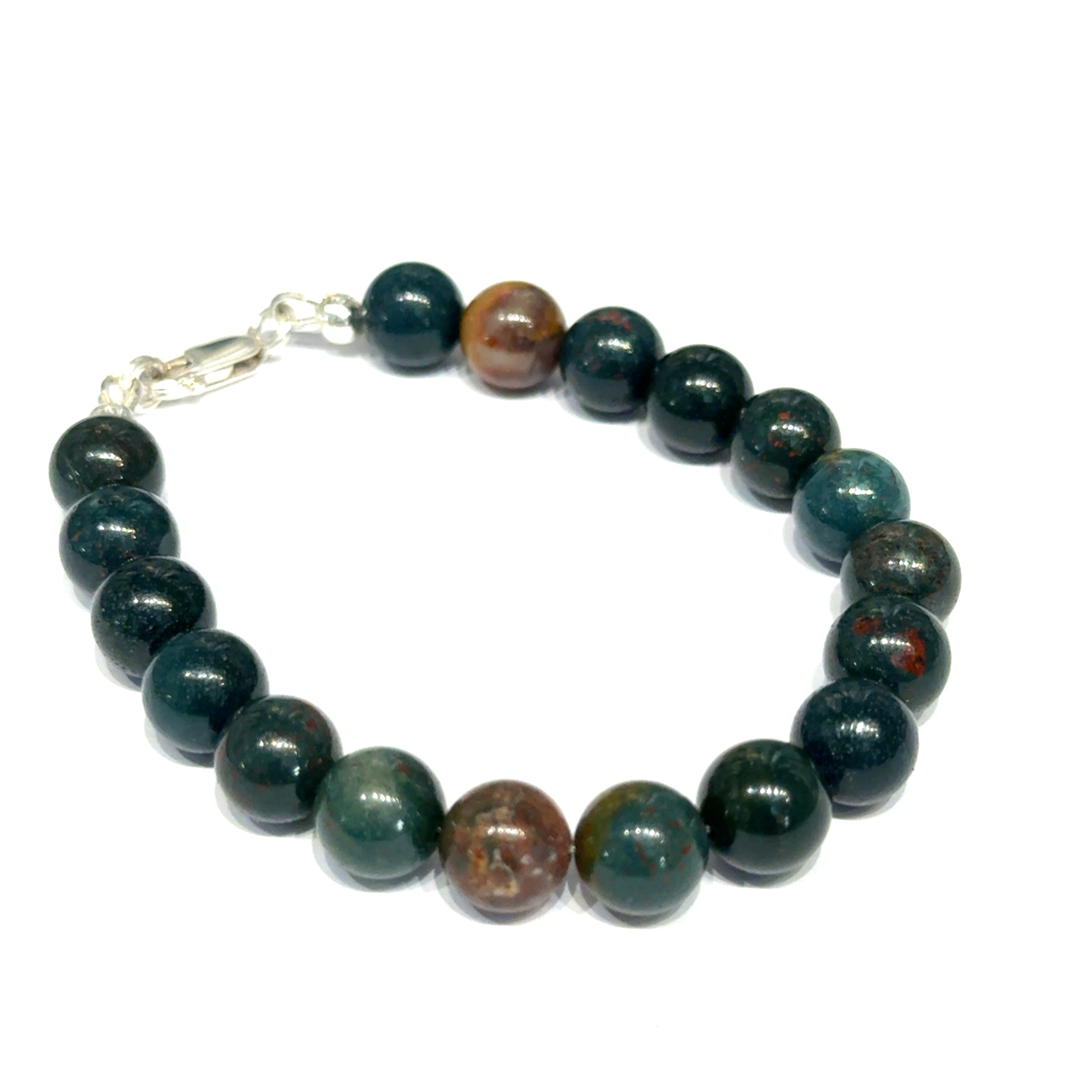Natural bloodstone bracelet 8.5mm size 7.25'' beads with sterling silver clasp for root chakra healing and warrior strength on a white background, right angle overview. 