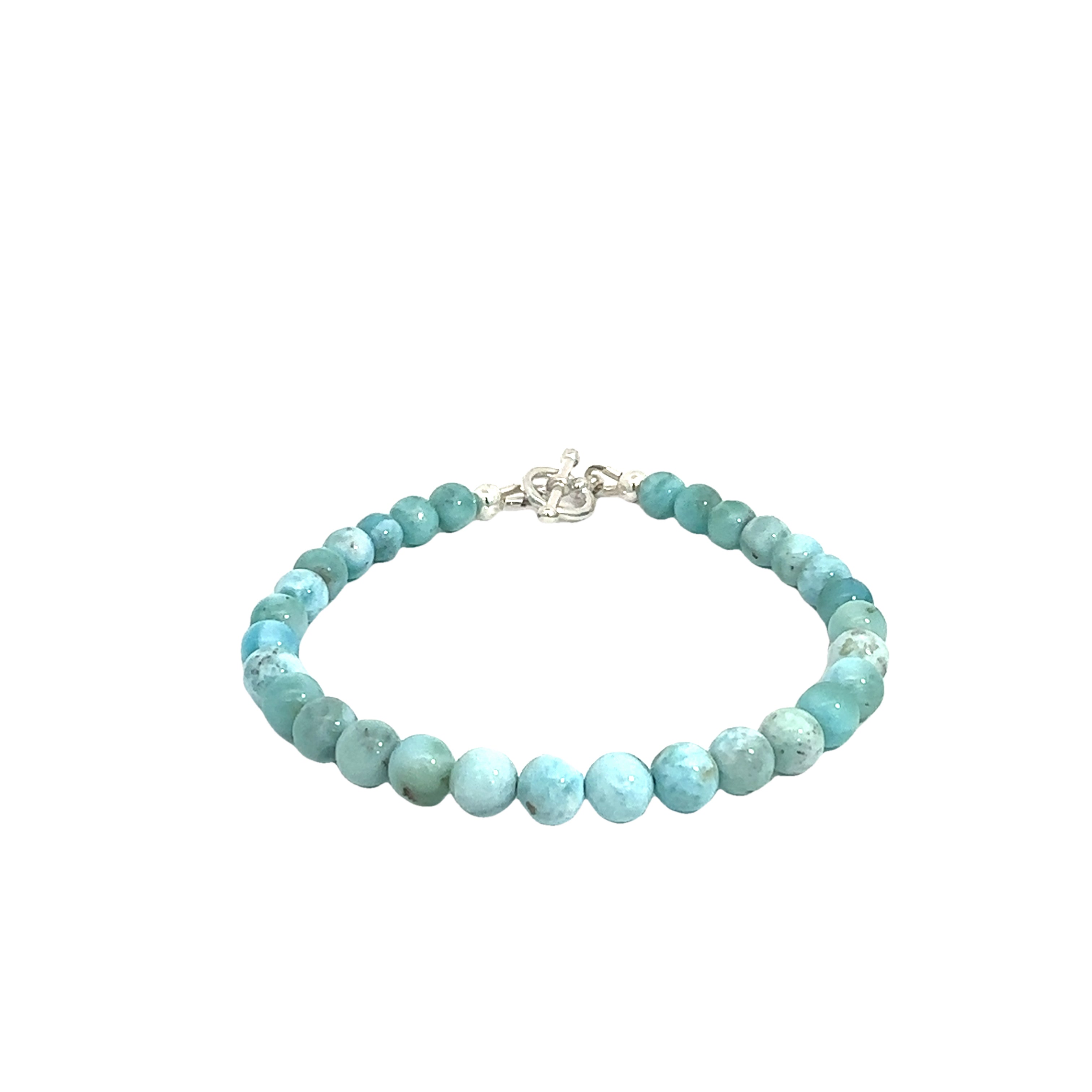 Ocean-blue Larimar beads strung on durable Beadalon wire with a sterling silver toggle on a white background, front center, close-up view. 