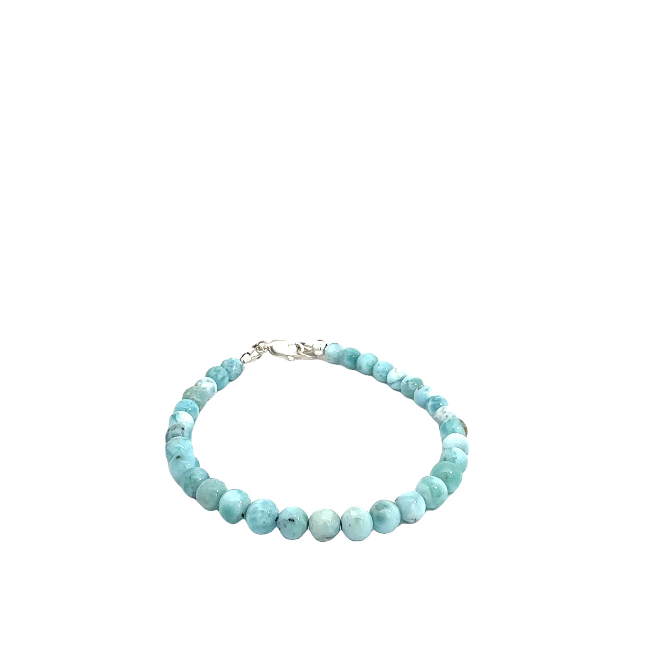 Ocean-blue Larimar beads strung on durable Beadalon wire with a sterling silver toggle on a white background front  center view. 