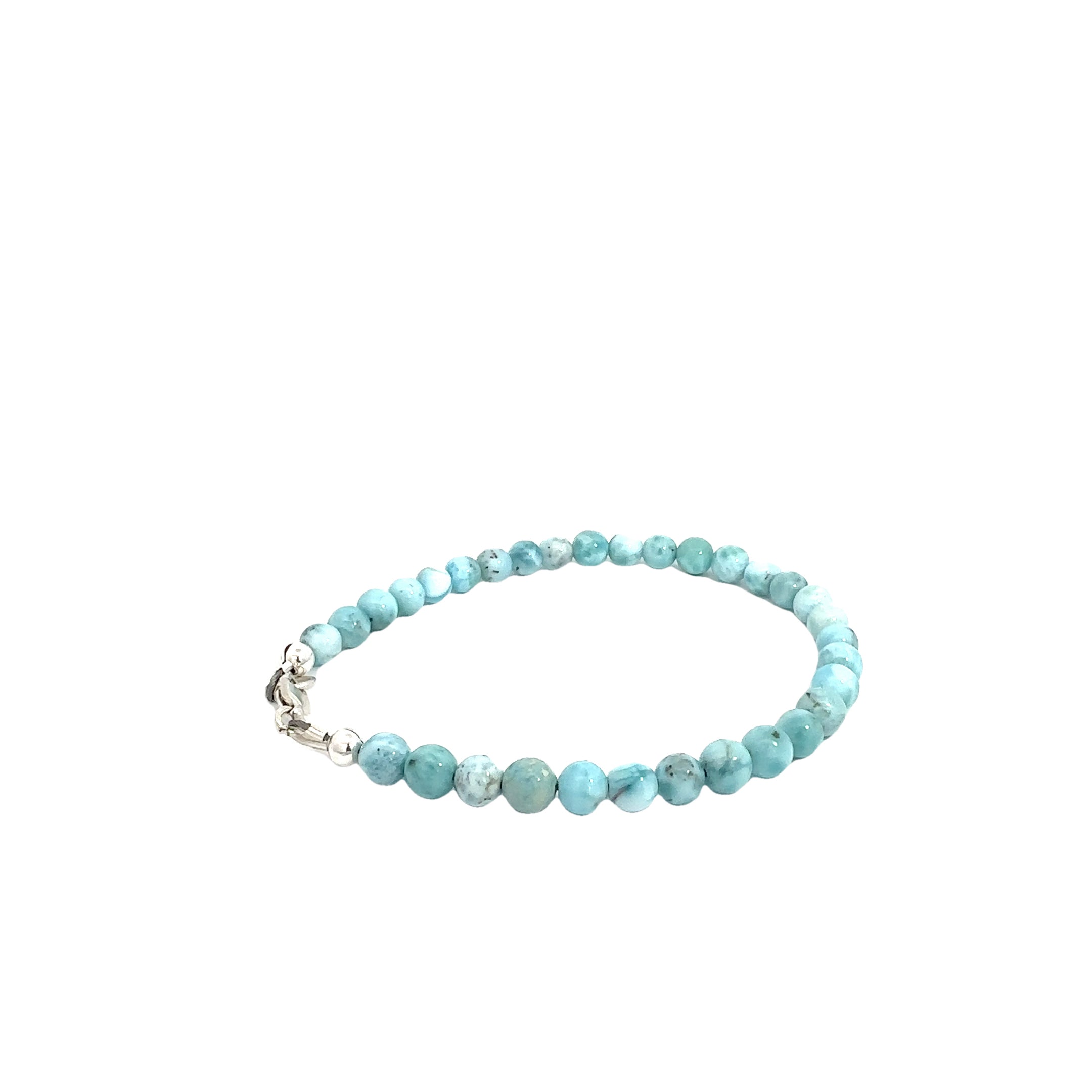Ocean-blue Larimar beads strung on durable Beadalon wire with a sterling silver toggle on a white background front  right angle view. 