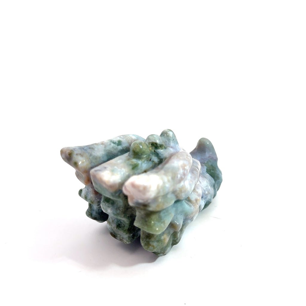 Ocean Jasper Dragon Carving on white back overview