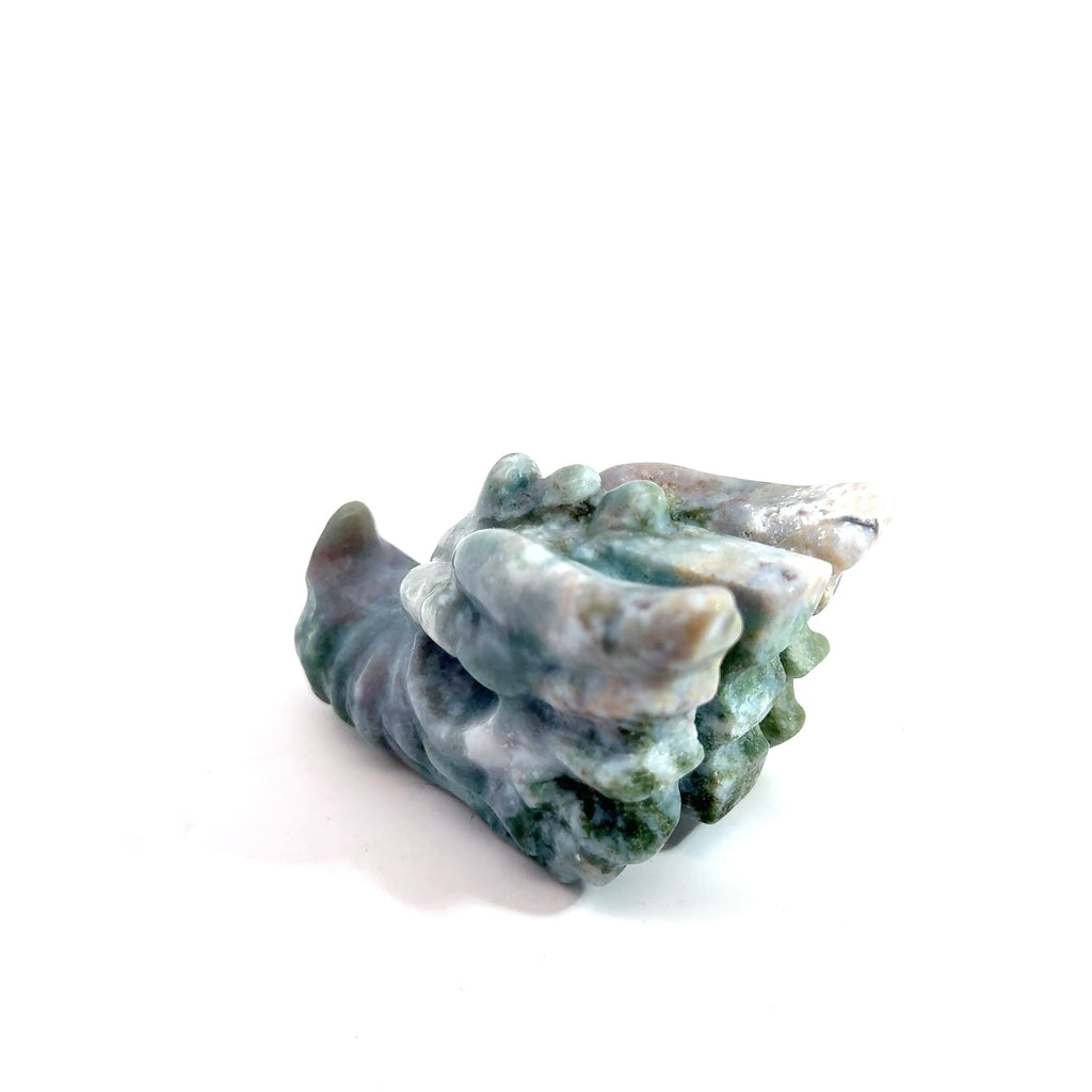 Ocean Jasper Dragon Carving on white right angle back overview