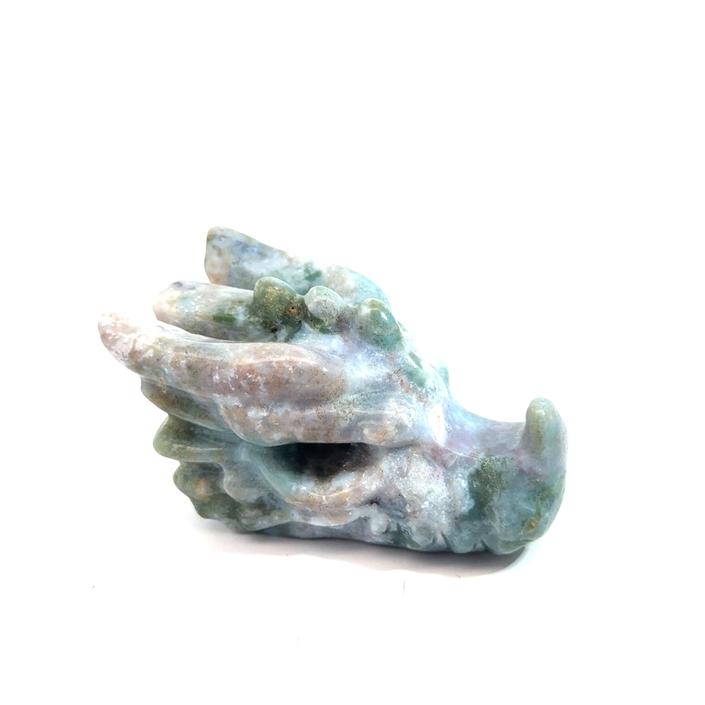 Ocean Jasper Dragon Carving on white right angle front overview