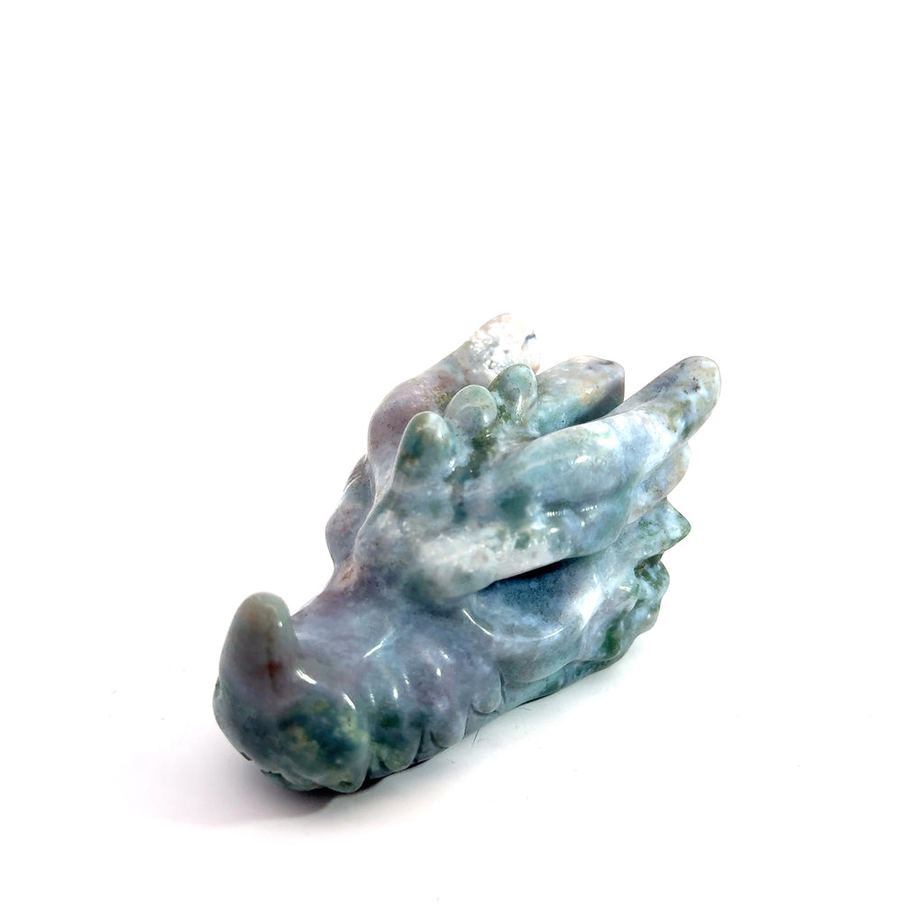 Ocean Jasper Dragon Carving on white slight left angle front overview