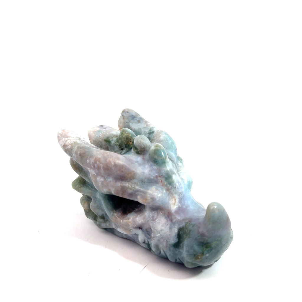 Ocean Jasper Dragon Carving on white slight right angle front overview