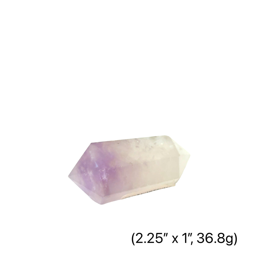 One Amethyst double terminated stone showing violet facets and natural geometry, on a white background, front overview (2.25'' x 1'', 36.8g)