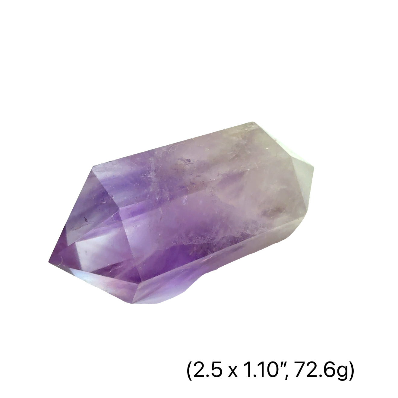 One Amethyst double terminated stone showing violet facets and natural geometry, on a white background, front overview (2.5'' x 1.10'', 72.6g)