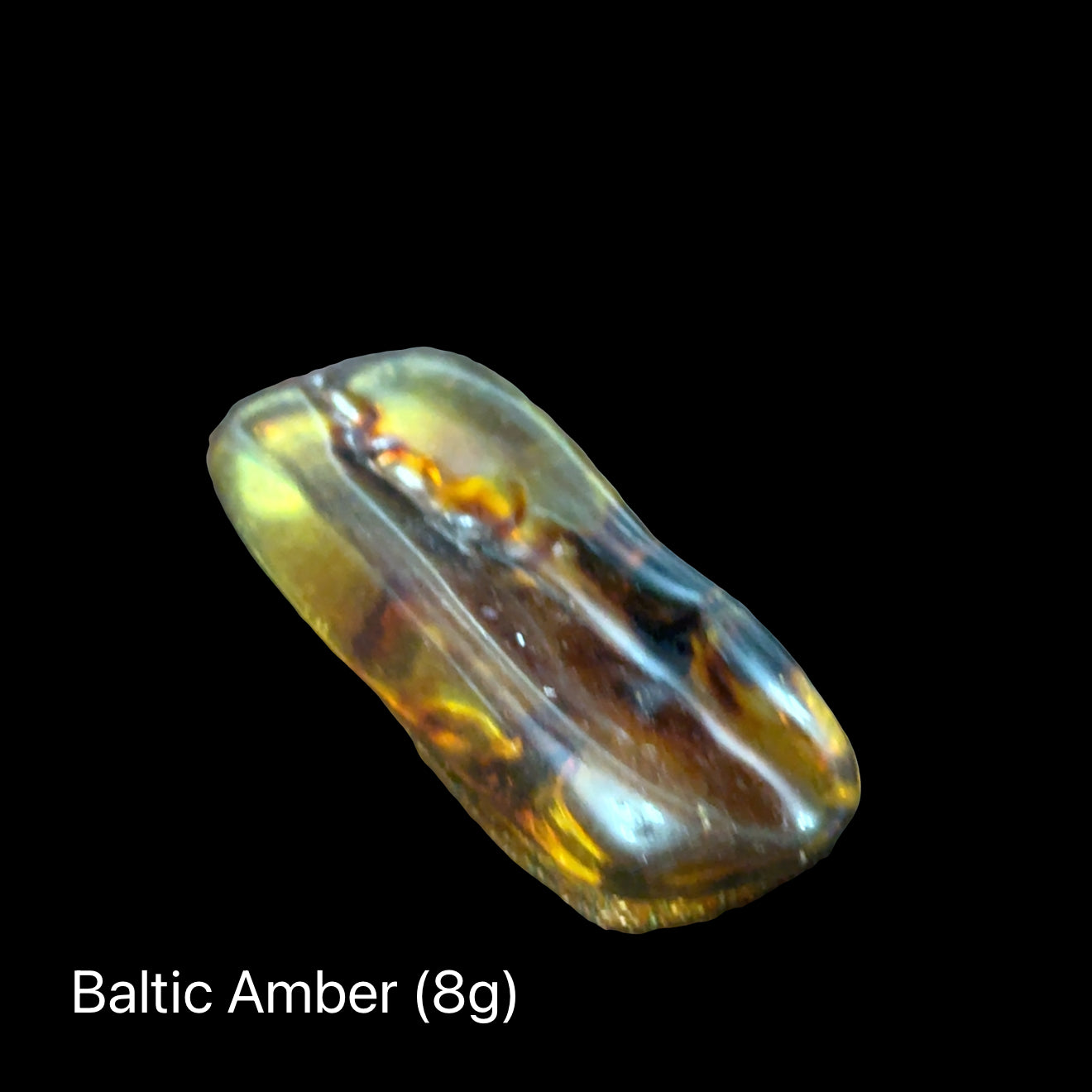 One Baltic Amber on a black background with text indicating weight range (8g), front view.