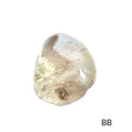 One Brazilian Lodolite Garden Quartz palm gemstones, labeled BB isdisplayed on a white background in a front view. 