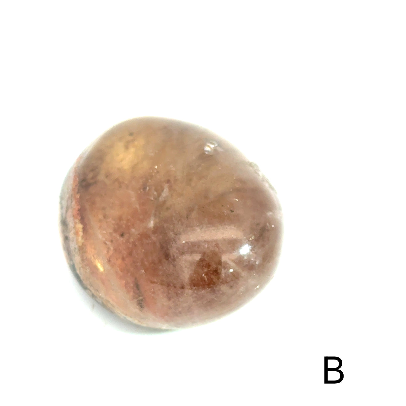 One Brazilian Lodolite Garden Quartz palm gemstones, labeled B is displayed on a white background in a front view. 