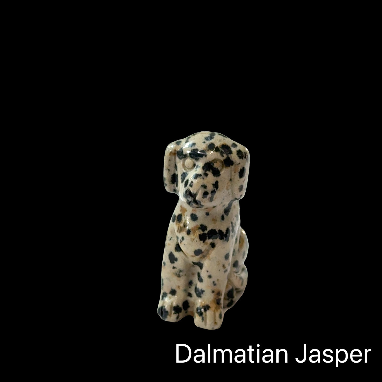 One Dalmatian Jasper hound Dog gemstone carving on white background, front view.