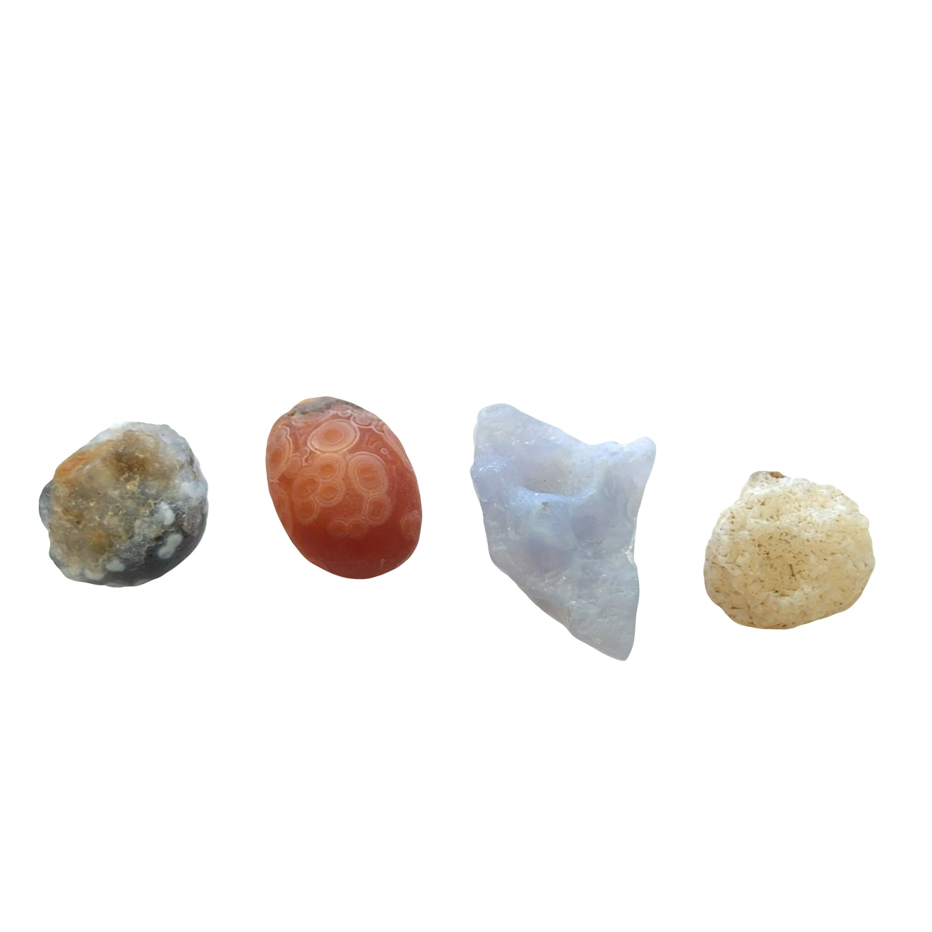 One Ethically sourced Gobi agate specimen for emotional resilience and stability, on a white background, front overview.