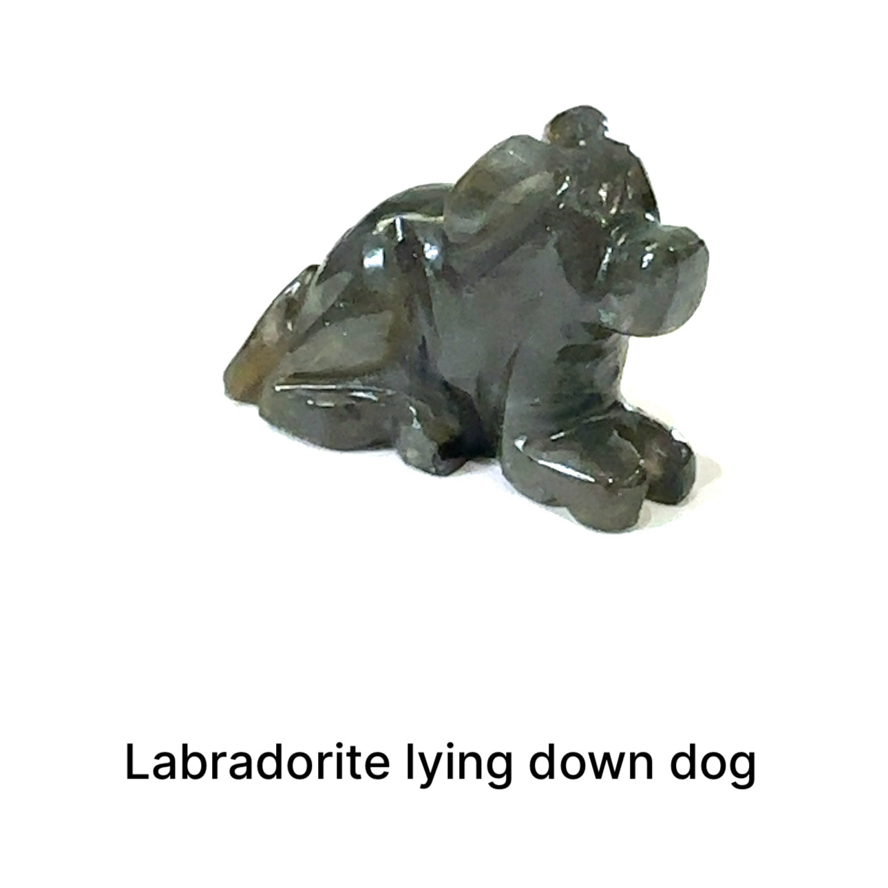 One Labradorite hound Dog gemstone carving lying down on white background, front view.