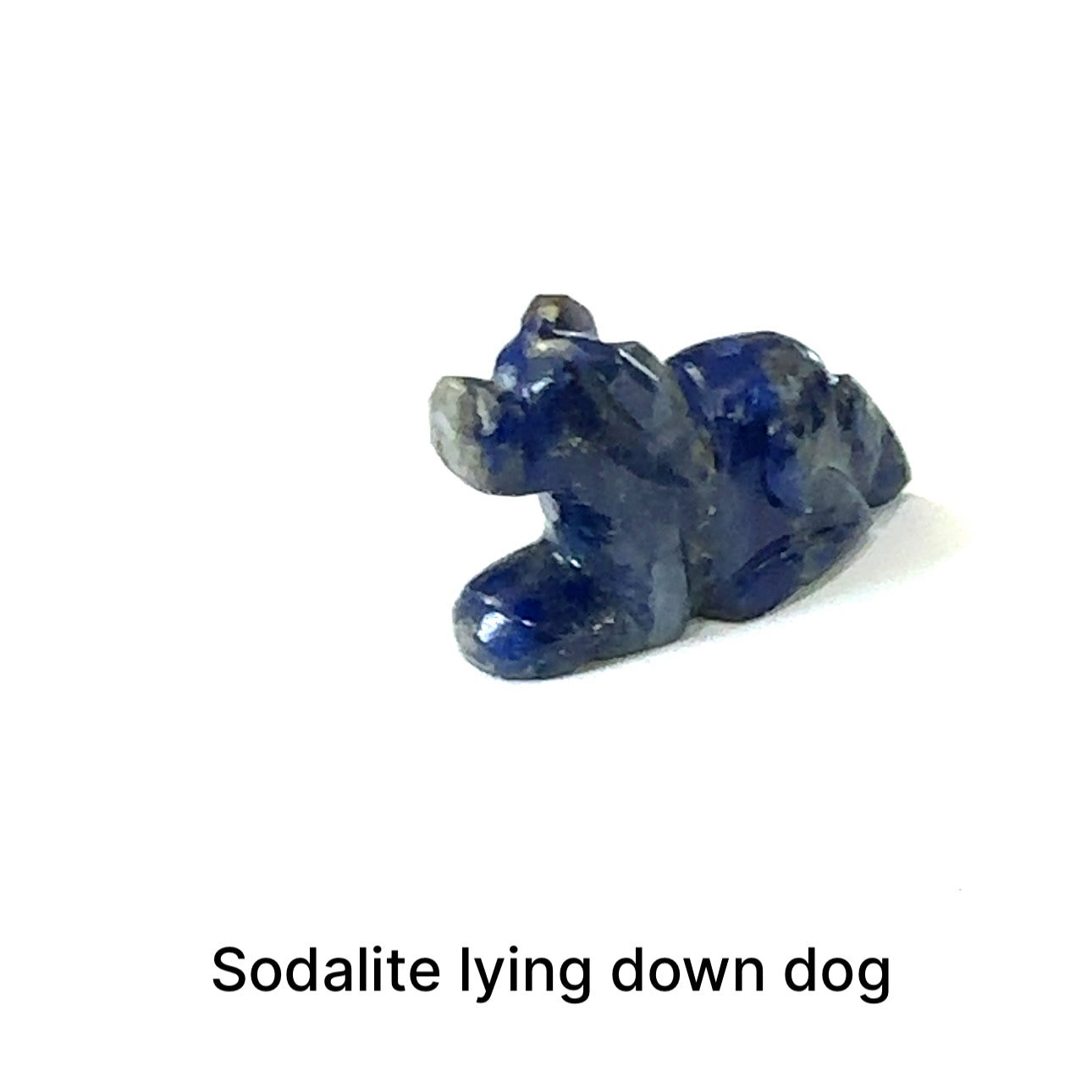 One Lapis Lazuli hound Dog gemstone carving lying down on white background, front view.