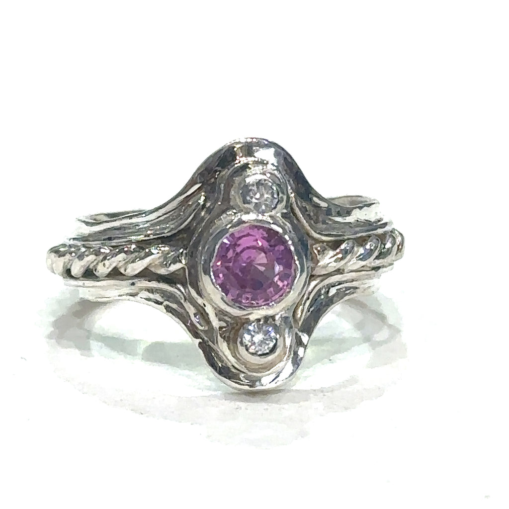 One‑of‑a‑kind artisan Pink Sapphire gemstone ring handcrafted in sterling silver on white front close up view