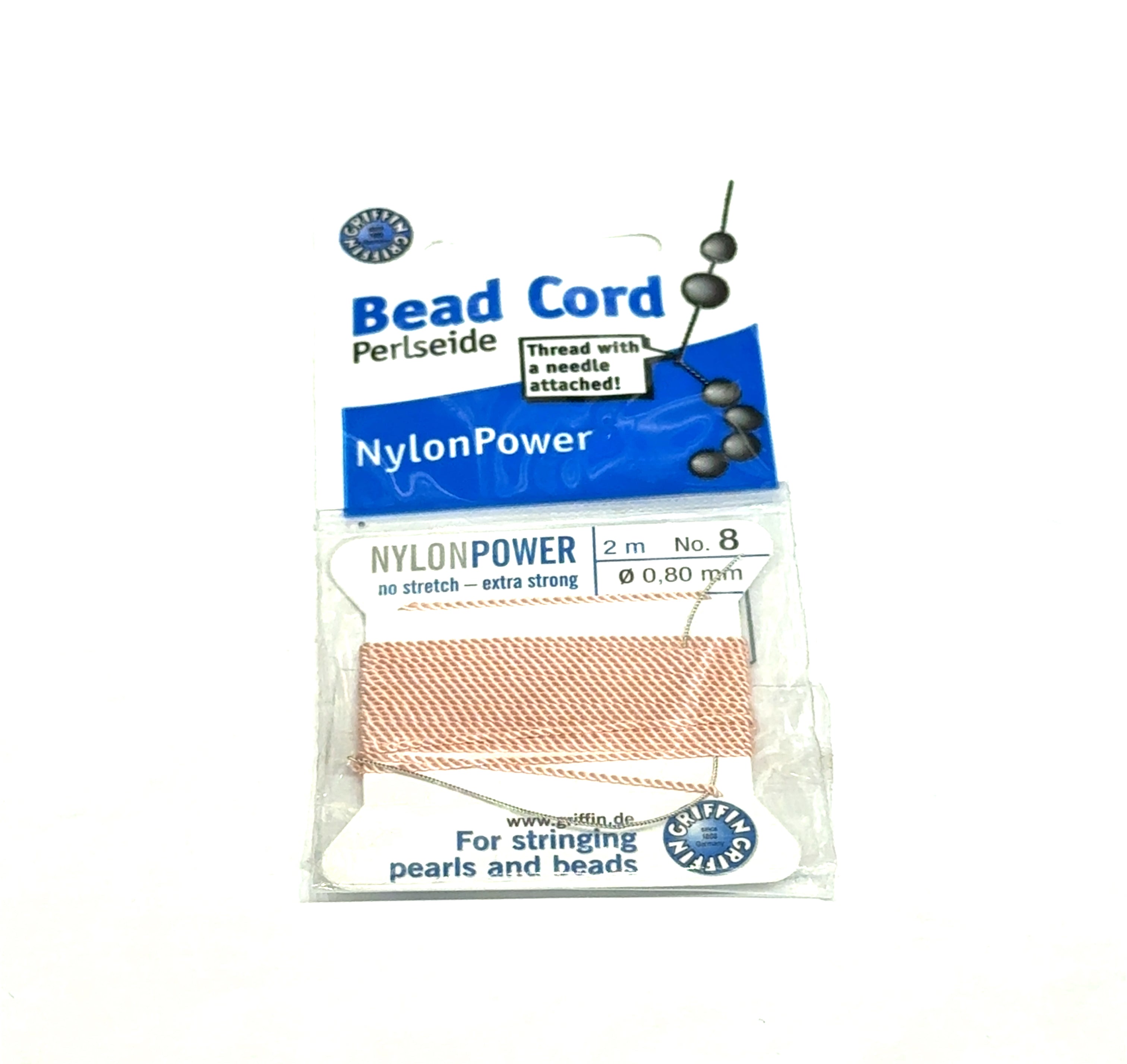 One package of Light Pink Nylon Power Bead Cord  #8 on a white background, front view.