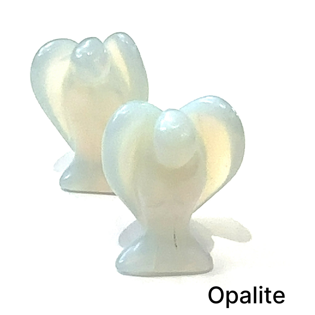 Opalite gemstone angel figurine for calmness, spirituality, and transition on white front view