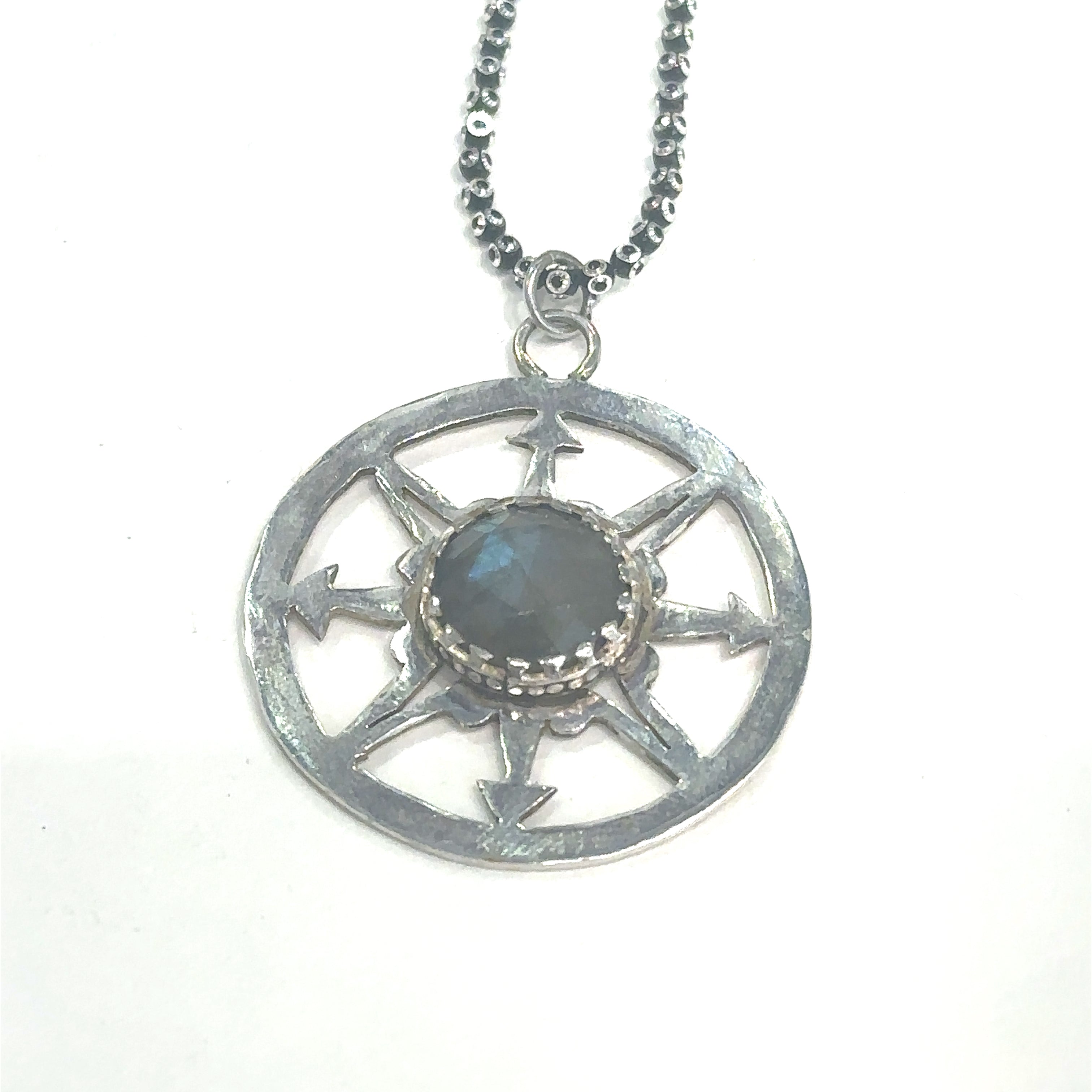 Oxidized sterling silver chain necklace with bezel‑set Labradorite gemstone on white long hanging overview